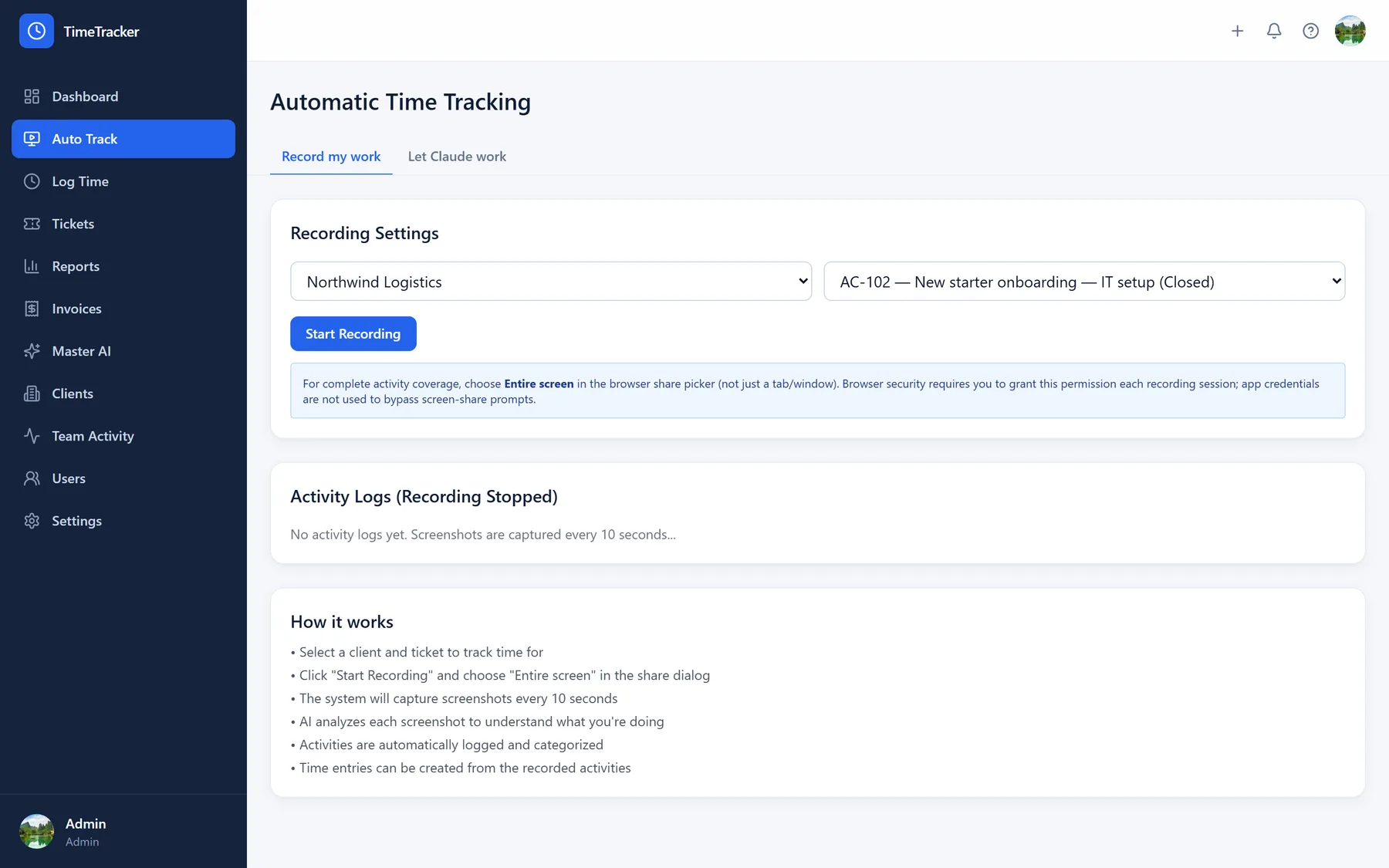Auto Track screen recording session with an AI-generated time entry summary