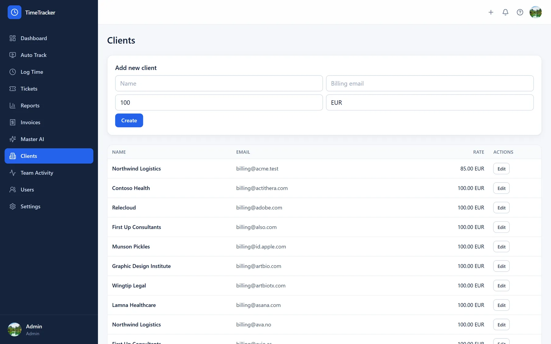 Client list showing name, billing email and hourly rate, above an add-client form